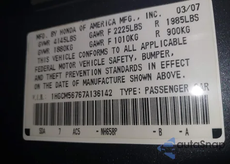 2007 Honda Accord 2.4 Ex from USA, damaged, VIN 1HGCM56767A136142